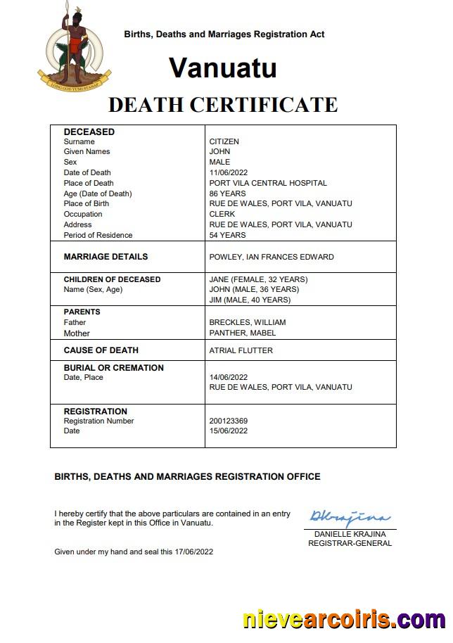 Vanuatu death certificate